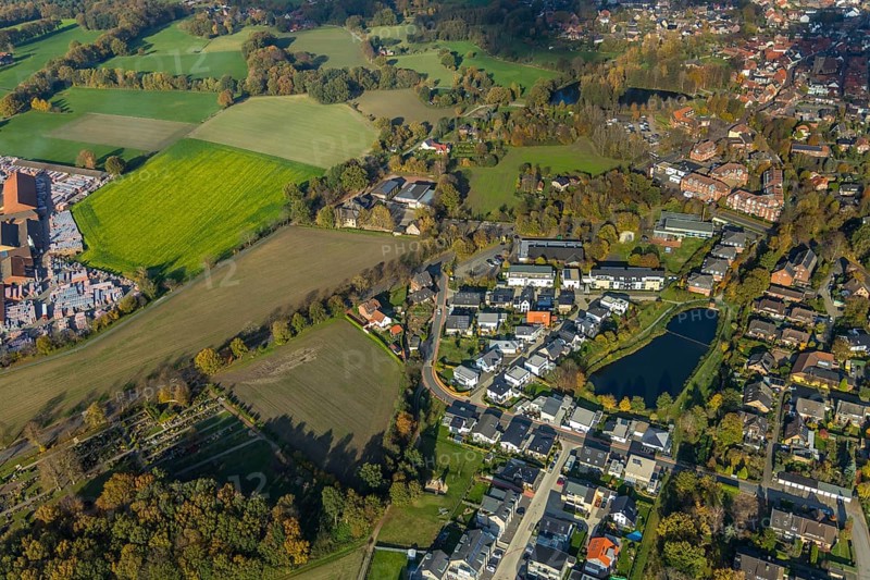 Aerial view, indoor swimming pool, shopping centre, Schermbeck, Ruhr area, North Rhine-Westphalia, Germany, Am Hallenbad, DE, Europe, aerial view, aerial photography, aerial photography, pond, pond at Mühlenbach, overview, bird's-eye view, Weseler Straße, meadows and fields, birds-eyes view, overview