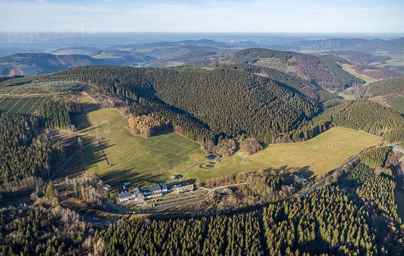 Aerial view, Hotel Rimberg, forest area, wind turbines, Osterwald, Schmallenberg, Sauerland, North Rhine-Westphalia, Germany, DE, Europe, gastronomy, hotel, hotel facilities, hotel business, hilly landscape, aerial view, aerial photography, aerial photography, mixed forest, Rimberg, overview, bird's eye view, forest, forest damage, forest dieback, birds-eyes view, overview