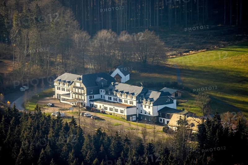 Aerial photo, Hotel Rimberg, Osterwald, Schmallenberg, Sauerland, North Rhine-Westphalia, Germany, DE, Europe, gastronomy, hotel, hotel facilities, hotel business, aerial photo, aerial photography, aerial photography, Rimberg, overview, bird's-eye view, forest area, birds-eyes view, overview