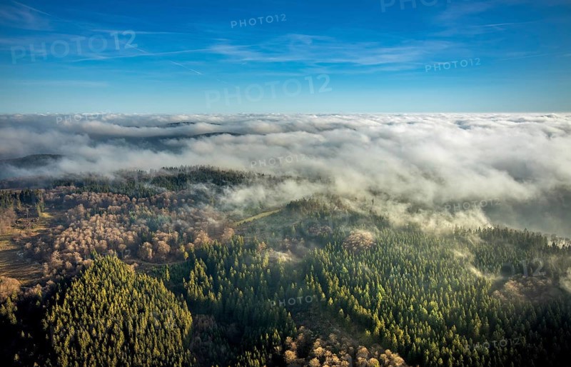Aerial view, sea of clouds over forest area, Bödefeld, Schmallenberg, Sauerland, North Rhine-Westphalia, Germany, DE, Europe, distant view, shapes and colours, hilly landscape, aerial view, aerial photography, aerial photography, overview, bird's-eye view, forest, clouds, birds-eyes view, overview