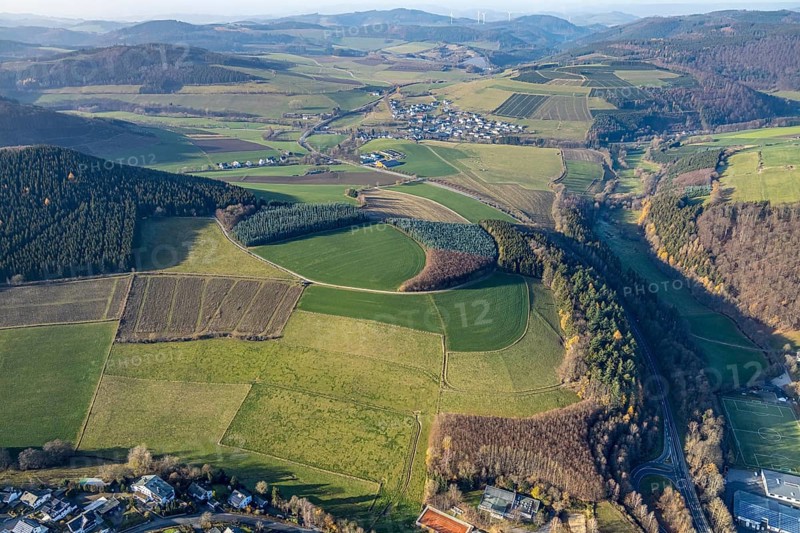 Aerial view, meadows and forest pattern near Bödefeld, Westernbödefeld, Schmallenberg, Sauerland, North Rhine-Westphalia, Germany, DE, Europe, shapes and colours, circular shape, aerial view, aerial photography, aerial photography, overview, bird's-eye view, overview, forest conservation, tree planting, YingYang pattern