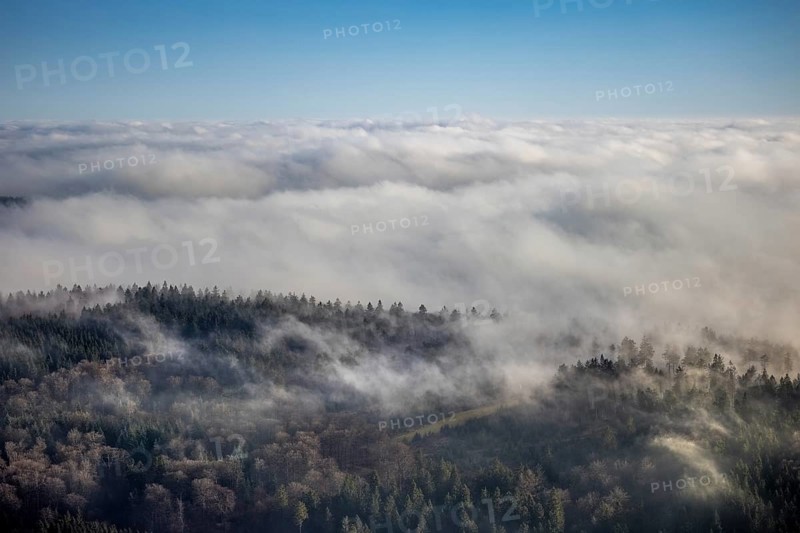 Aerial view, sea of clouds over forest area, Bödefeld, Schmallenberg, Sauerland, North Rhine-Westphalia, Germany, DE, Europe, shapes and colours, hilly landscape, aerial view, aerial photography, aerial photography, overview, bird's eye view, forest, clouds, birds-eyes view, overview