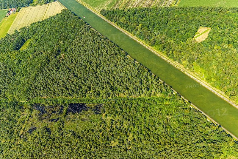 Aerial view, Venner Moor nature reserve, Dortmund-Ems canal, forest damage, Senden, Münsterland, North Rhine-Westphalia, Germany, DE, Europe, distant view, farmsteads, canal, LSG, landscape conservation area, aerial photograph, aerial photography, aerial photography, NSG, nature conservation, nature reserve, overview, environmental protection, bird's eye view, forest, forest area, meadows and fields, birds-eyes view, overview