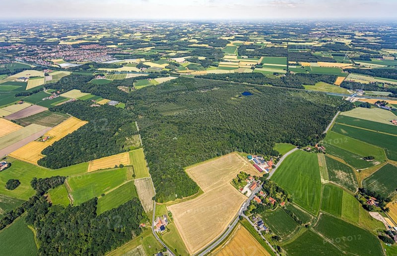 Aerial view, Venner Moor nature reserve, Dortmund-Ems canal, local view, Senden, Münsterland, North Rhine-Westphalia, Germany, DE, Europe, distant view, farmsteads, canal, LSG, landscape conservation area, agricultural fields, aerial view, aerial photography, aerial photography, NSG, nature reserve, nature conservation area, plots, lake, townscape, urban area, pond, overview, environmental protection, bird's eye view, forest area, meadows and fields, birds-eyes view, landw, overview