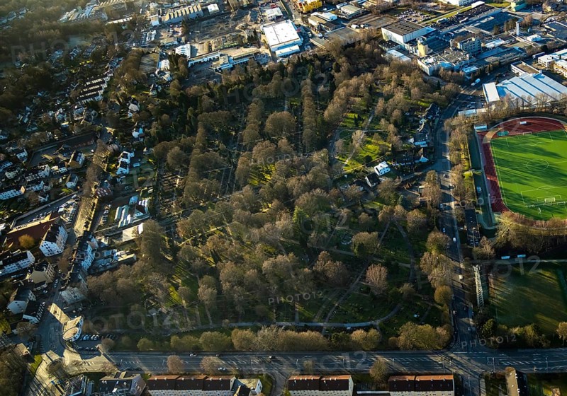 Aerial view, sports ground of the Linderhausen football club, Jesinghauser Straße, Oehde cemetery, Schwelm, Ruhr area, North Rhine-Westphalia, Germany, burial ground, DE, Europe, cemetery, football pitch, football stadium, football club, memorial site, commercial area, commercial use, Gottesacker, graves, burial ground, aerial view, aerial photography, aerial photography, resting place, sports, sports facilities, sports field, sports facility, overview, bird's-eye view, woodland, birds-eyes view, overview