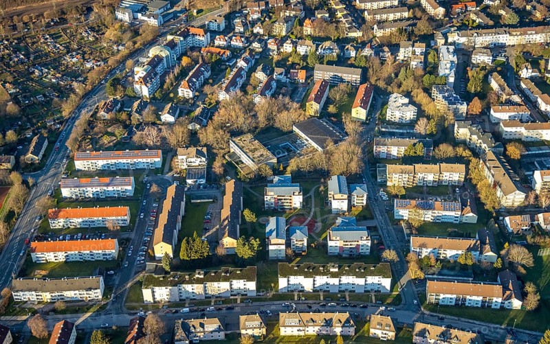 Aerial view, residential area, closed Gustav-Heinemann-Schule, Holthausstraße, Schwelm, Ruhr area, North Rhine-Westphalia, Germany, education, educational institution, DE, Europe, secondary school, real estate, teaching institute, aerial view, aerial photography, aerial photography, school, overview, bird's eye view, living and life, residential buildings, birds-eyes view, closed, overview