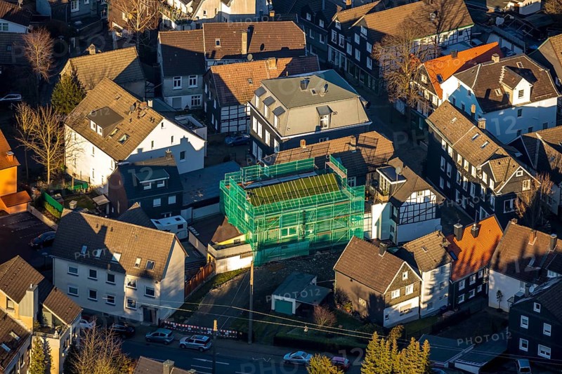 Aerial view, construction site, new residential building Kölner Straße 22, Schwelm, Ruhr area, North Rhine-Westphalia, Germany, construction work, building plots, construction project, construction site, DE, renovation, Europe, capacity requirement, aerial view, aerial photography, aerial photography, new building, overview, bird's-eye view, overview