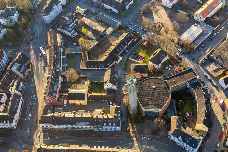Aerial view, city centre view, catholic church Propstei St. Marien, Schwelm, Ruhr area, North Rhine-Westphalia, Germany, DE, Europe, religious community, place of worship, property tax, real estate, church, parish, denomination, aerial view, aerial photography, aerial photography, Marienweg, religion, overview, bird's-eye view, living and life, residential area, residential buildings, residential quarter, birds-eyes view, overview