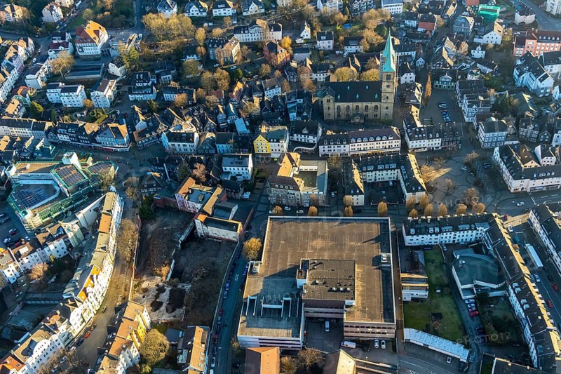 Aerial view, city centre view, shopping centre, Städtische Sparkasse zu Schwelm, renovation Christuskirche Schwelm, Altmarkt, Kirchplatz, Märkischer Platz, Schwelm, Ruhr area, North Rhine-Westphalia, Germany, Altstadt, City, DE, Europe, religious community, place of worship, city centre, church, church congregation, denomination, aerial view, aerial photography, aerial photography, religion, city centre, overview, bird's-eye view, overview
