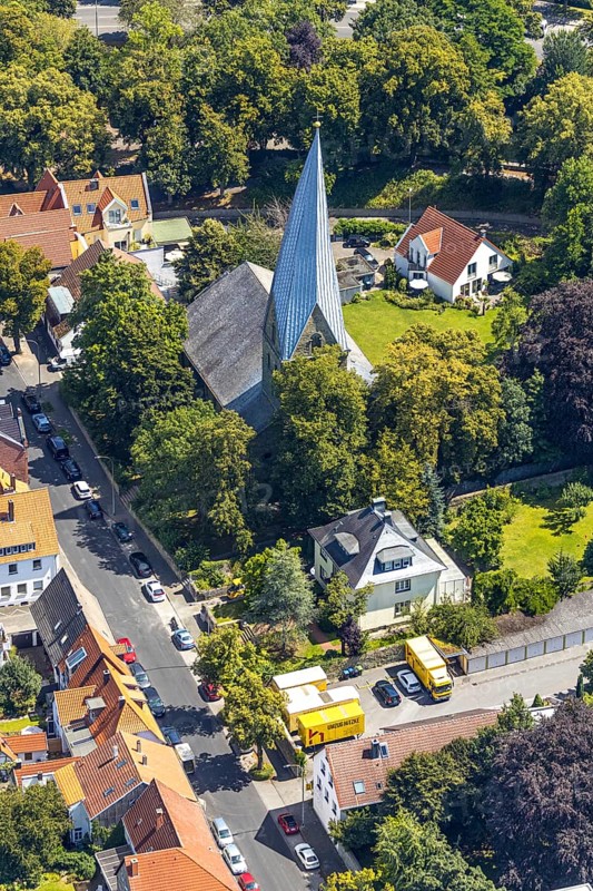 Aerial view, church Alt St. Thomä, Slate Tower is the colloquial name, 12th century archbishop's palace founded church St. Thomä, Soest, Soester Börde, North Rhine-Westphalia, Germany, DE, Europe, birds-eyes view, aerial view, aerial photography, aerial photography, overview, overview, bird's eye view