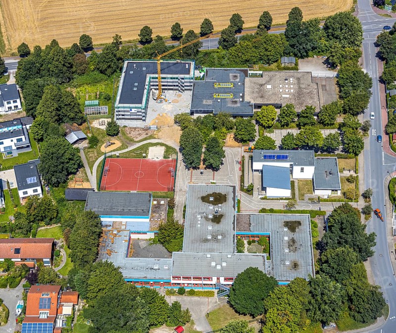 Aerial view, special school Jacob-Grimm-Schule with new hall, Soest, Soester Börde, North Rhine-Westphalia, Germany, DE, Europe, birds-eyes view, aerial view, aerial photography, aerial photography, overview, bird's eye view