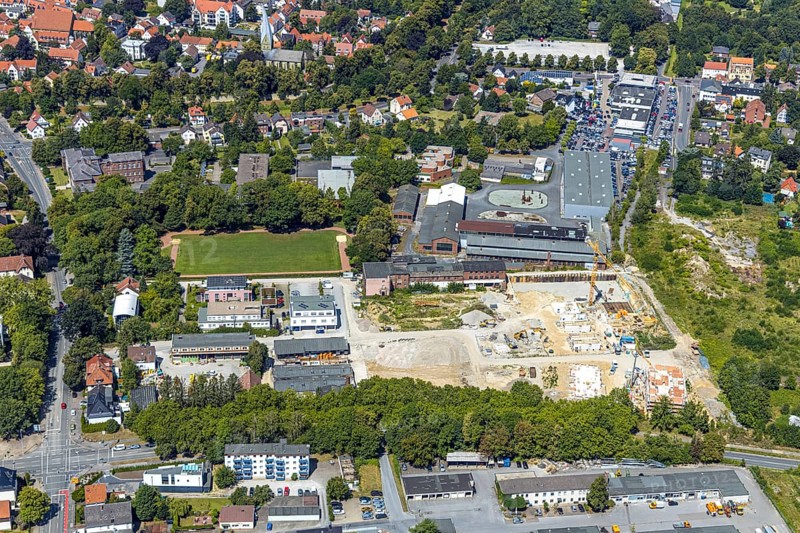 Aerial view, Merkur Living - Merkurhöfe, Merkur premises, brick building, new development area with high-quality living, Soest, Soester Börde, North Rhine-Westphalia, Germany, DE, Europe, birds-eyes view, aerial view, aerial photography, aerial photography, overview, bird's eye view