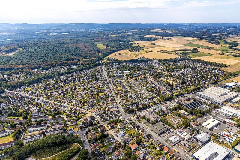 Aerial view, view of Platte Heide, meadows and fields, Menden, Sauerland, Märkischer Kreis, North Rhine-Westphalia, Germany, retirement home, old people's home, retirement home, place of worship, care and nursing, education, educational institution, Bonifatiusschule, DE, Europe, Platte Heide Community Primary School, religious community, place of worship, Jochen-Klepper-Haus, church, parish, denomination, educational institute, aerial photography, aerial photography, care facility, care home, religion, school, retirement home, retirement residence, retirement home, retirement centre, sports hall Bonifatiusschule Platte Heide, overview, bird's-eye view, bird's-eye view, kath. Church of St. Mary, overview