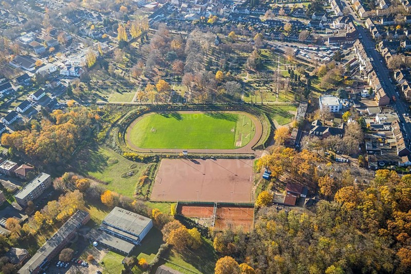 Aerial view, sports field Rheinpreußenstadion, Rheinkamp-Meerbeck, Mörs, Ruhr area, North Rhine-Westphalia, Germany, DE, Europe, football field, football stadium, football club, aerial view, aerial photography, aerial photography, sports, sports facilities, sports field, sports facility, stadium, overview, bird's-eye view, overview