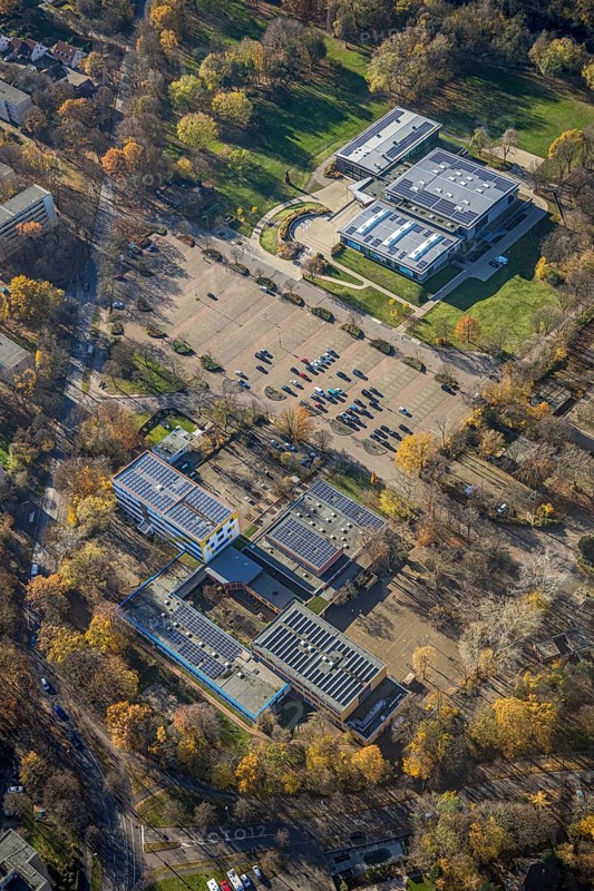 Aerial view, ENNI Sportpark Rheinkamp, multifunctional arena, Gymnasium Rheinkamp, Rheinkamp-Mitte, Mörs, Ruhr area, North Rhine-Westphalia, Germany, at the sports centre, bathing establishment, bathing resort, education, educational institution, DE, Europe, grammar school, indoor swimming pool, Kopernikusstraße, teaching institute, aerial view, aerial photography, aerial photography, school, swimming pool, sports, sports facilities, sports facility, overview, bird's-eye view, bird's-eye view, overview