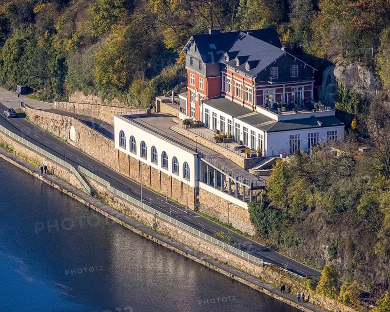 Aerial view, residential building, former youth hostel at Kahlenberg, river Ruhr, Mendener Straße, Holthausen - West, Mülheim an der Ruhr, Ruhr area, North Rhine-Westphalia, Germany, DE, Europe, property tax, real estate, towpath, aerial view, aerial photography, aerial photography, Ruhr bank, overview, bird's eye view, residential complex, living and life, residential buildings, quality of life, residential neighbourhood, bird's eye view, overview
