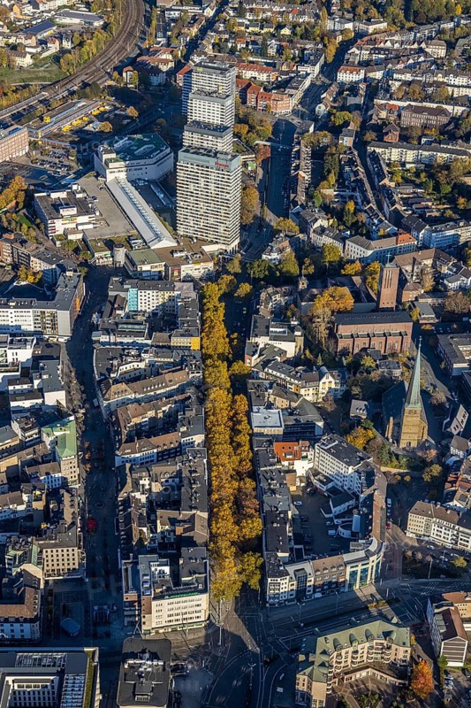 Aerial view, Dickswall skyscrapers, catholic church St. Mariae-Geburt, evang. Petrikirche, Altstadt I, Mülheim an der Ruhr, Ruhr area, North Rhine-Westphalia, Germany, place of worship, Baumallee, authority, DE, Europe, Forum Hochhaus, religious community, place of worship, holy place, autumn colours, church, parish, denomination, aerial view, aerial photography, aerial photography, cycle path, town hall, religion, religious site, castle bridge, city administration, registry office, technical town hall, overview, administrative area, bird's-eye view, wooded street, birds-eyes view, overview