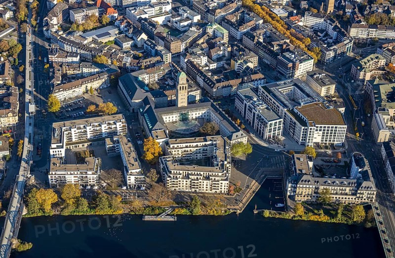 Aerial view, town hall market, town hall, cycle highway, Altstadt I, Mülheim an der Ruhr, Ruhr area, North Rhine-Westphalia, Germany, authority, DE, Europe, autumn colours, aerial view, aerial photography, aerial photography, RS1, cycle path, city administration, registry office, overview, administrative area, bird's eye view, birds-eyes view, overview