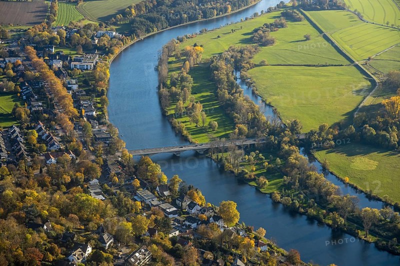 Aerial view, Ruhrstrand, Saarner Ruhraue, river Ruhr, Mülheim Mendener Brücke, Saarn, Mülheim an der Ruhr, Ruhr area, North Rhine-Westphalia, Germany, bridge, DE, Europe, aerial view, aerial photography, aerial photography, local recreation area, park, overview, bird's-eye view, overview