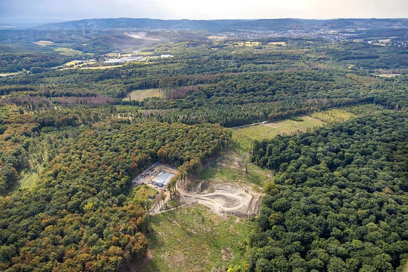 Aerial view, construction site new elevated tank Waldemei, Menden, Sauerland, Märkischer Kreis, North Rhine-Westphalia, Germany, construction work, construction area, construction site, construction project, construction site, DE, Europe, distant view, aerial view, aerial photography, aerial photography, new construction, Stadtwerke Menden, overview, bird's eye view, forest area, elevated water tank, birds-eyes view, cleared forest areas, overview