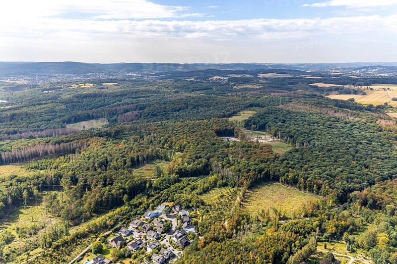 Aerial view, construction site new elevated tank Waldemei, Menden, Sauerland, Märkischer Kreis, North Rhine-Westphalia, Germany, construction work, construction area, construction site, construction project, construction site, DE, Europe, distant view, aerial view, aerial photography, aerial photography, new construction, Stadtwerke Menden, overview, bird's eye view, forest area, elevated water tank, birds-eyes view, cleared forest areas, overview