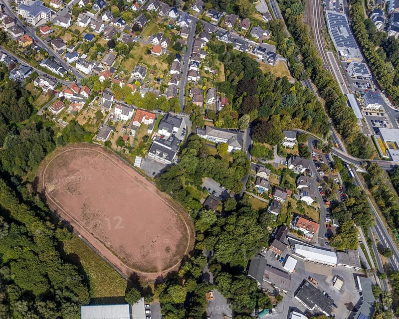 Aerial view, sports field Gisbert-Kranz-Platz, Menden, Sauerland, Märkischer Kreis, North Rhine-Westphalia, Germany, DE, Europe, fire station and rescue station Menden, football pitch, aerial view, aerial photography, aerial photography, sports, sports facilities, sports field, sports facility, overview, bird's-eye view, overview