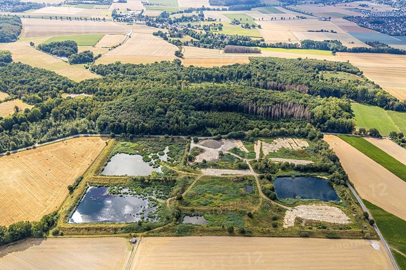 Aerial view, former sewage sludge landfill, Menden, Sauerland, Märkischer Kreis, North Rhine-Westphalia, Germany, DE, landfill, Europe, shapes and colours, aerial view, aerial photography, aerial photography, Obere Heidestraße, overview, bird's-eye view, meadows and fields, birds-eyes view, overview