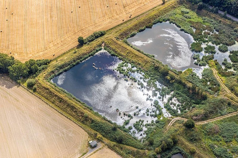 Aerial view, former sewage sludge landfill, Menden, Sauerland, Märkischer Kreis, North Rhine-Westphalia, Germany, DE, landfill, Europe, shapes and colours, aerial view, aerial photography, aerial photography, Obere Heidestraße, overview, bird's-eye view, meadows and fields, birds-eyes view, overview