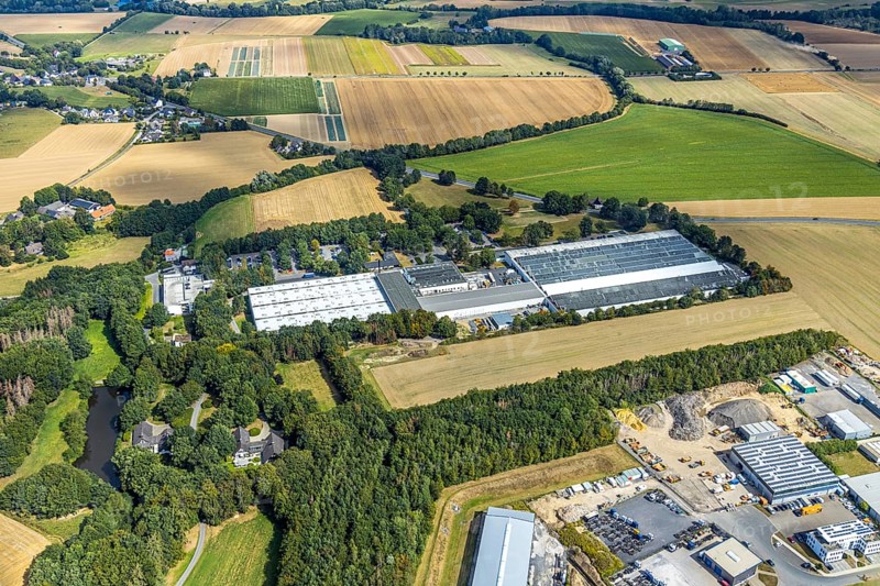 Aerial view, BEGA Gantenbrink-Leuchten company campus, Menden, Sauerland, Märkischer Kreis, North Rhine-Westphalia, Germany, DE, Europe, Hennenbusch, aerial view, aerial photography, aerial photography, overview, bird's-eye view, woodland, meadows and fields, birds-eyes view, overview
