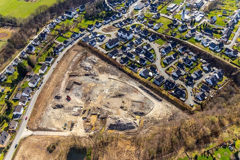 Aerial view, construction area residential development Waldstraße, former concrete plant Waldstraße, Meschede, Sauerland, North Rhine-Westphalia, Germany, construction work, construction vehicles, construction area, building site, building plots, construction measure, construction project, construction site, DE, development, Europe, property tax, real estate, capacity requirement, aerial photograph, aerial photography, aerial photography, overview, bird's eye view, residential complex, living and living, residential area, residential buildings, residential quality, residential neighbourhood, housing estate, birds-eyes view, overview