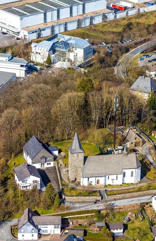 Aerial view, St. Antonius Einsiedler Church, company building Veltins Brewery, Grevenstein, Meschede, Sauerland, North Rhine-Westphalia, Germany, place of worship, DE, Europe, religious community, place of worship, church, parish, denomination, aerial photograph, aerial photography, aerial photography, religion, overview, bird's-eye view, overview