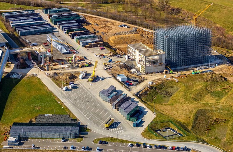 Aerial view, Brewery C.& A. VELTINS GmbH & Co. KG, new construction high-bay warehouse, Grevenstein, Meschede, Sauerland, North Rhine-Westphalia, Germany, An der Streue, construction work, construction site, construction crane, construction measure, construction project, construction site, brewery, DE, Europe, beverage manufacturer, capacity requirements, aerial view, aerial photography, aerial photography, new construction, overview, Veltins, bird's eye view, birds-eyes view, overview
