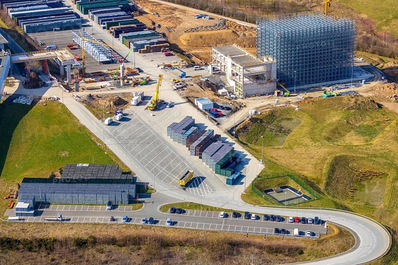 Aerial view, Brewery C.& A. VELTINS GmbH & Co. KG, new construction high-bay warehouse, Grevenstein, Meschede, Sauerland, North Rhine-Westphalia, Germany, An der Streue, construction work, construction site, construction crane, construction measure, construction project, construction site, brewery, DE, Europe, beverage manufacturer, capacity requirements, aerial view, aerial photography, aerial photography, new construction, overview, Veltins, bird's eye view, birds-eyes view, overview