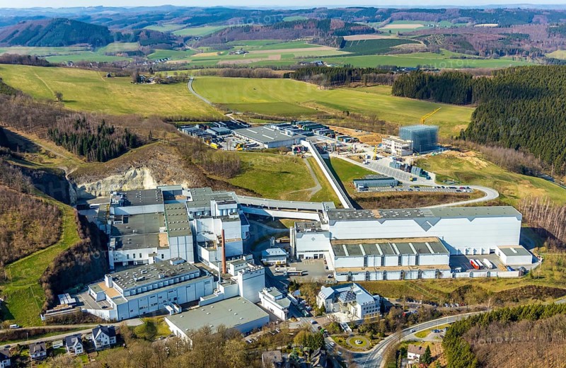 Aerial view, Brewery C.& A. VELTINS GmbH & Co. KG, new high-bay warehouse, Grevenstein, Meschede, Sauerland, North Rhine-Westphalia, Germany, An der Streue, construction work, construction site, construction crane, construction measure, construction project, construction site, brewery, DE, Europe, beverage manufacturer, hilly landscape, capacity requirement, aerial view, aerial photography, aerial photography, new building, overview, Veltins, bird's eye view, forest area, meadows and fields, bird's eye view, overview
