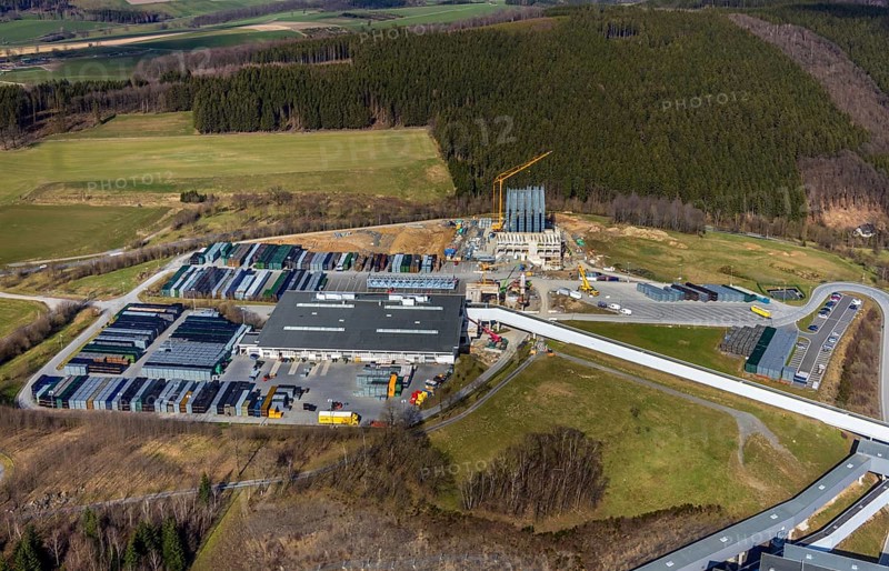 Aerial view, Brewery C.& A. VELTINS GmbH & Co. KG, new construction high-bay warehouse, Grevenstein, Meschede, Sauerland, North Rhine-Westphalia, Germany, An der Streue, construction work, construction site, construction crane, construction measure, construction project, construction site, brewery, DE, Europe, beverage manufacturer, capacity requirements, aerial view, aerial photography, aerial photography, new construction, overview, Veltins, bird's eye view, birds-eyes view, overview