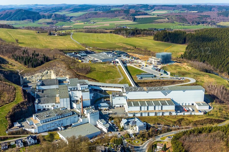 Aerial view, Brewery C.& A. VELTINS GmbH & Co. KG, new high-bay warehouse, Grevenstein, Meschede, Sauerland, North Rhine-Westphalia, Germany, An der Streue, construction work, construction site, construction crane, construction measure, construction project, construction site, brewery, DE, Europe, beverage manufacturer, hilly landscape, capacity requirement, aerial view, aerial photography, aerial photography, new building, overview, Veltins, bird's eye view, forest area, meadows and fields, bird's eye view, overview