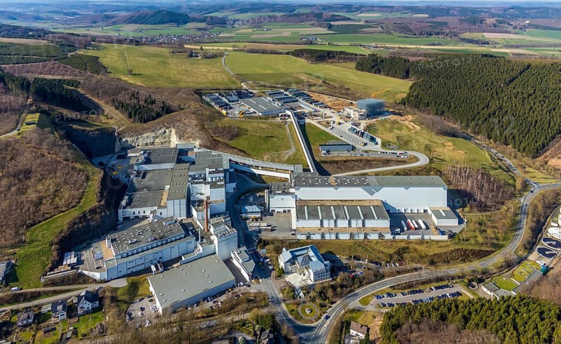 Aerial view, Brewery C.& A. VELTINS GmbH & Co. KG, new high-bay warehouse, Grevenstein, Meschede, Sauerland, North Rhine-Westphalia, Germany, An der Streue, construction work, construction site, construction crane, construction measure, construction project, construction site, brewery, DE, Europe, beverage manufacturer, hilly landscape, capacity requirement, aerial view, aerial photography, aerial photography, new building, overview, Veltins, bird's eye view, forest area, meadows and fields, bird's eye view, overview