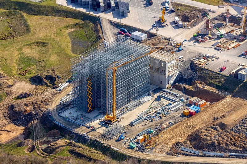 Aerial view, Brewery C.& A. VELTINS GmbH & Co. KG, new construction high-bay warehouse, Grevenstein, Meschede, Sauerland, North Rhine-Westphalia, Germany, An der Streue, construction work, construction site, construction crane, construction measure, construction project, construction site, brewery, DE, Europe, beverage manufacturer, capacity requirements, aerial view, aerial photography, aerial photography, new construction, overview, Veltins, bird's eye view, birds-eyes view, overview