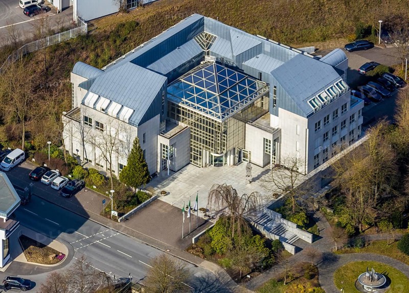 Aerial view, company building of the brewery C.& A. VELTINS GmbH & Co. KG, Grevenstein, Meschede, Sauerland, North Rhine-Westphalia, Germany, An der Streue, brewery, DE, Europe, beverage producer, aerial view, aerial photography, aerial photography, overview, Veltins, bird's eye view, birds-eyes view, overview
