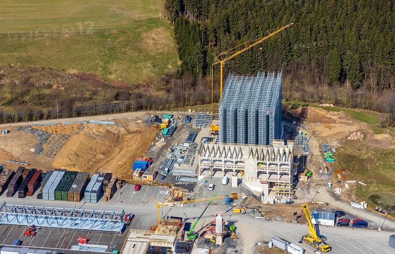 Aerial view, Brewery C.& A. VELTINS GmbH & Co. KG, new construction high-bay warehouse, Grevenstein, Meschede, Sauerland, North Rhine-Westphalia, Germany, An der Streue, construction work, construction site, construction crane, construction measure, construction project, construction site, brewery, DE, Europe, beverage manufacturer, capacity requirements, aerial view, aerial photography, aerial photography, new construction, overview, Veltins, bird's eye view, birds-eyes view, overview