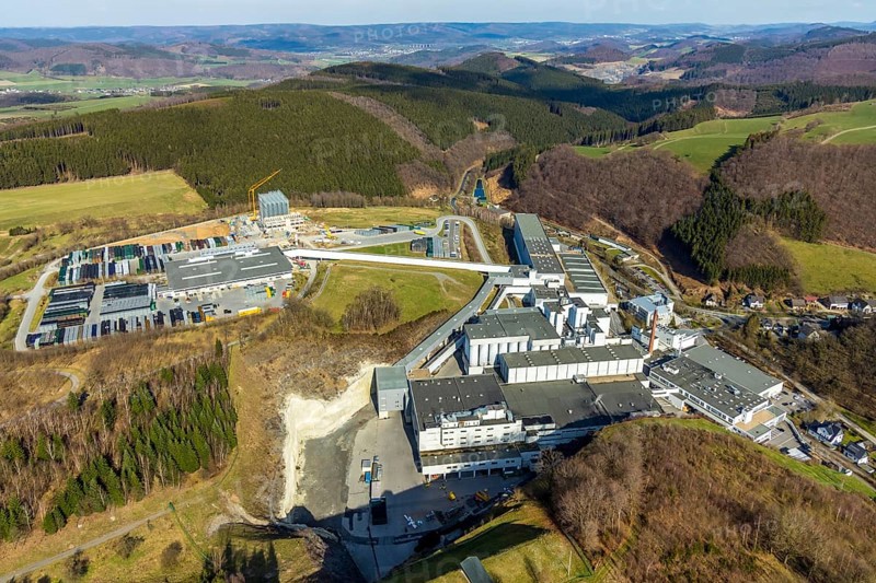 Aerial view, Brewery C.& A. VELTINS GmbH & Co. KG, new high-bay warehouse, Grevenstein, Meschede, Sauerland, North Rhine-Westphalia, Germany, An der Streue, construction work, construction site, construction crane, construction measure, construction project, construction site, brewery, DE, Europe, beverage manufacturer, hilly landscape, capacity requirement, aerial view, aerial photography, aerial photography, new building, overview, Veltins, bird's eye view, forest area, meadows and fields, bird's eye view, overview
