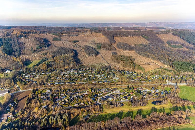 Aerial view, forest damage, deforestation, holiday settlement, holiday homes, view of Frenkhausen, Meschede, Sauerland, North Rhine-Westphalia, Germany, DE, Europe, aerial view, aerial photography, aerial photography, overview, bird's eye view, forest, forest area, forest dieback, birds-eyes view, overview