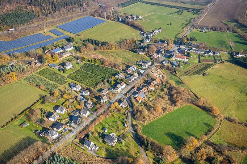 Aerial view, local view Stockhausen, Stockhauser Straße, solar plant, Wennemen, Meschede, Sauerland, North Rhine-Westphalia, Germany, DE, Europe, property tax, real estate, aerial view, aerial photography, aerial photography, photovoltaic, photovoltaic plant, solar, solar energy, solar energy, overview, bird's eye view, residential area, living and living, residential area, residential buildings, quality of life, residential neighbourhood, housing estate, birds-eyes view, overview