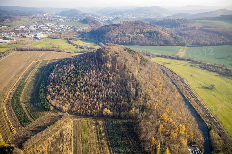 Aerial view, nature reserve Schneisenberg, Wennemen, Meschede, Sauerland, North Rhine-Westphalia, Germany, railway tracks, DE, Europe, distant view, hilly landscape, aerial view, aerial photography, aerial photography, mixed forest, nature reserve, upper ditch, overview, bird's-eye view, forest, forest area, meadows and fields, birds-eyes view, overview