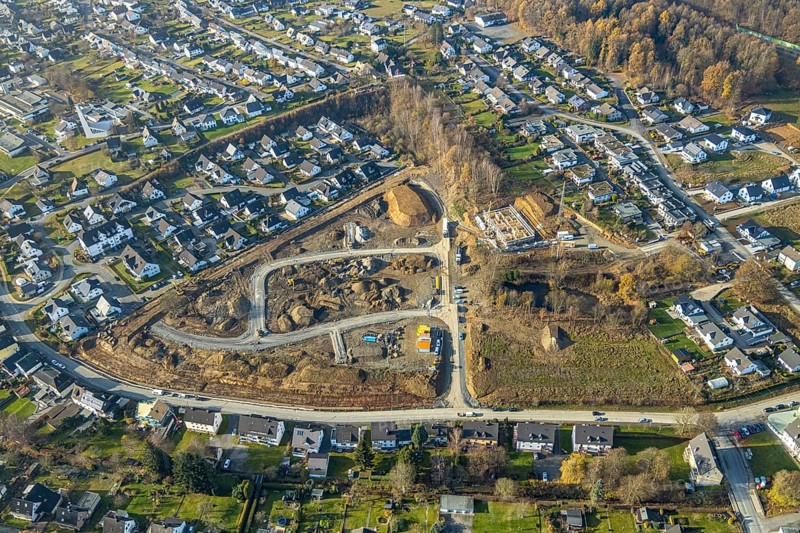 Aerial view, construction area residential development Waldstraße, former concrete plant Waldstraße, Meschede town, Meschede, Sauerland, North Rhine-Westphalia, Germany, construction work, construction vehicles, construction area, construction site, building plots, construction project, construction project, construction site, DE, development, Europe, property tax, real estate, capacity requirements, aerial view, aerial photography, aerial photography, overview, bird's-eye view, housing estate, housing and living, residential area, residential buildings, residential quality, residential neighbourhood, housing estate, birds-eyes view, overview