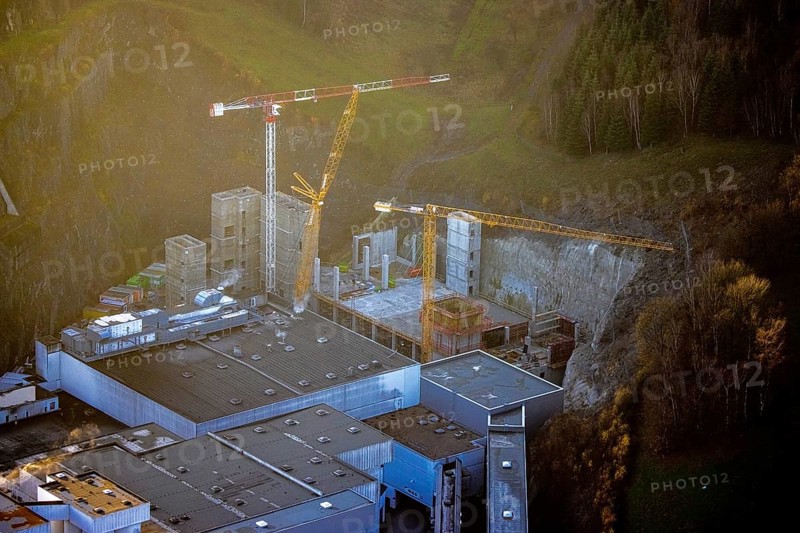 Aerial view, Brewery C.& A. VELTINS GmbH & Co. KG, construction site, Grevenstein, Meschede, Sauerland, North Rhine-Westphalia, Germany, An der Streue, construction work, construction site, construction crane, construction measure, construction project, brewery, DE, Europe, beverage manufacturer, autumn colours, Hochsauerlandkreis, hilly landscape, capacity requirement, aerial photograph, aerial photography, aerial photography, new building, overview, Veltins brewery, bird's eye view, forest area, meadows and fields, bird's eye view, overview