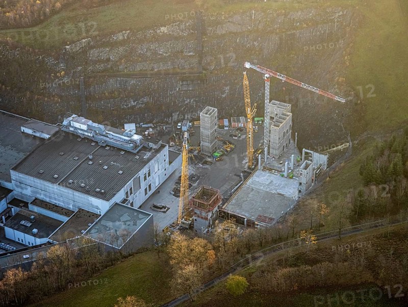 Aerial view, Brewery C.& A. VELTINS GmbH & Co. KG, construction site, Grevenstein, Meschede, Sauerland, North Rhine-Westphalia, Germany, An der Streue, construction work, construction site, construction crane, construction measure, construction project, brewery, DE, Europe, beverage manufacturer, autumn colours, Hochsauerlandkreis, hilly landscape, capacity requirement, aerial photograph, aerial photography, aerial photography, new building, overview, Veltins brewery, bird's eye view, forest area, meadows and fields, bird's eye view, overview