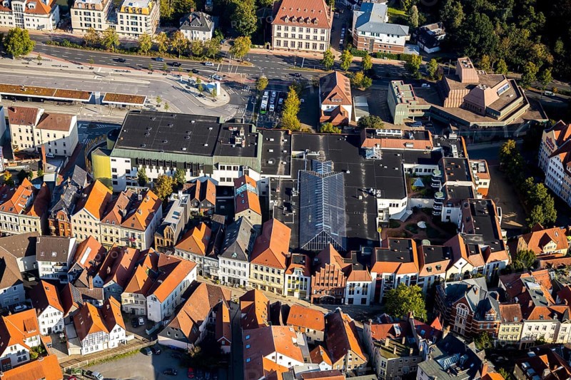 Aerial view, civic hall, ZOB Minden, city centre, Minden, Ostwestfalen-Lippe, OWL, North Rhine-Westphalia, Germany, bus station, DE, Europe, culture, art, Lindenstraße, aerial view, aerial photography, aerial photography, OWL book, OWLBuch, Obermarktpassage, East Westphalia, overview, events, venue, event location, bird's-eye view, birds-eyes view, cultural use, overview