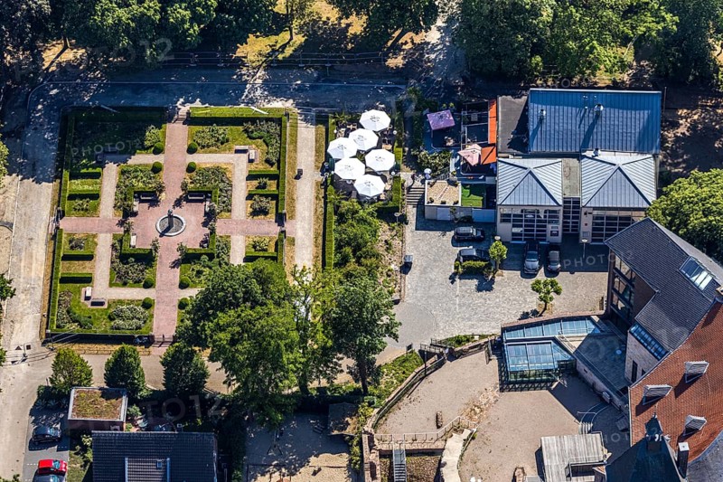 Aerial view, rose garden at Mörs Castle, Casa Leonardo, Mörs, Ruhr area, North Rhine-Westphalia, Germany, DE, Europe, birds-eyes, view, aerial photography, aerial photography, overview, bird's eye view, garden, green area, trees, plants, flowers, nature, restaurant, pub, eating, drinking, dining, restaurant, pub
