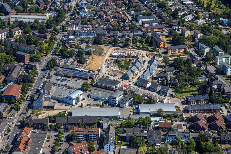 Aerial view, Horten C&A wasteland, new construction of 139 rental flats, Mörs, Ruhr area, North Rhine-Westphalia, Germany, DE, Europe, birds-eyes, view, aerial photography, aerial photography, overview, overview, bird's eye view, living, flat, houses, residential buildings, housing estate, settlement